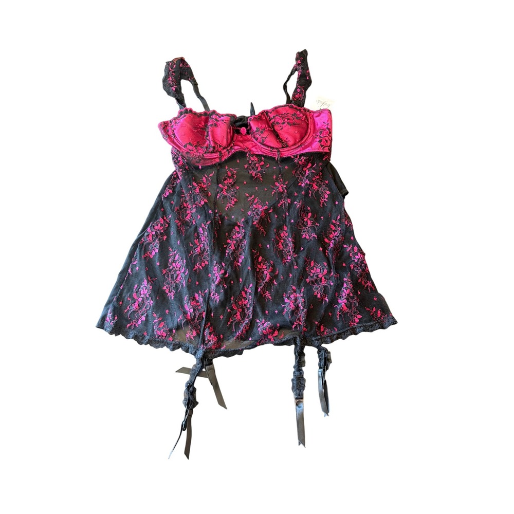 Frederick's of Hollywood Babydoll Pink Black Lace Garter Set 4952 Hibiscus 34